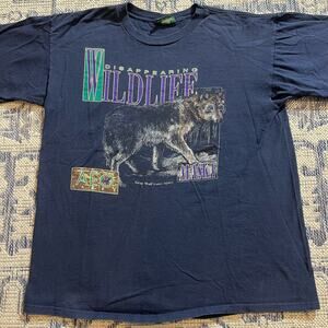VTG 90's Grey Wolf Shirt "Disappearing Wildlife" Navy Single Stitch SZ XL